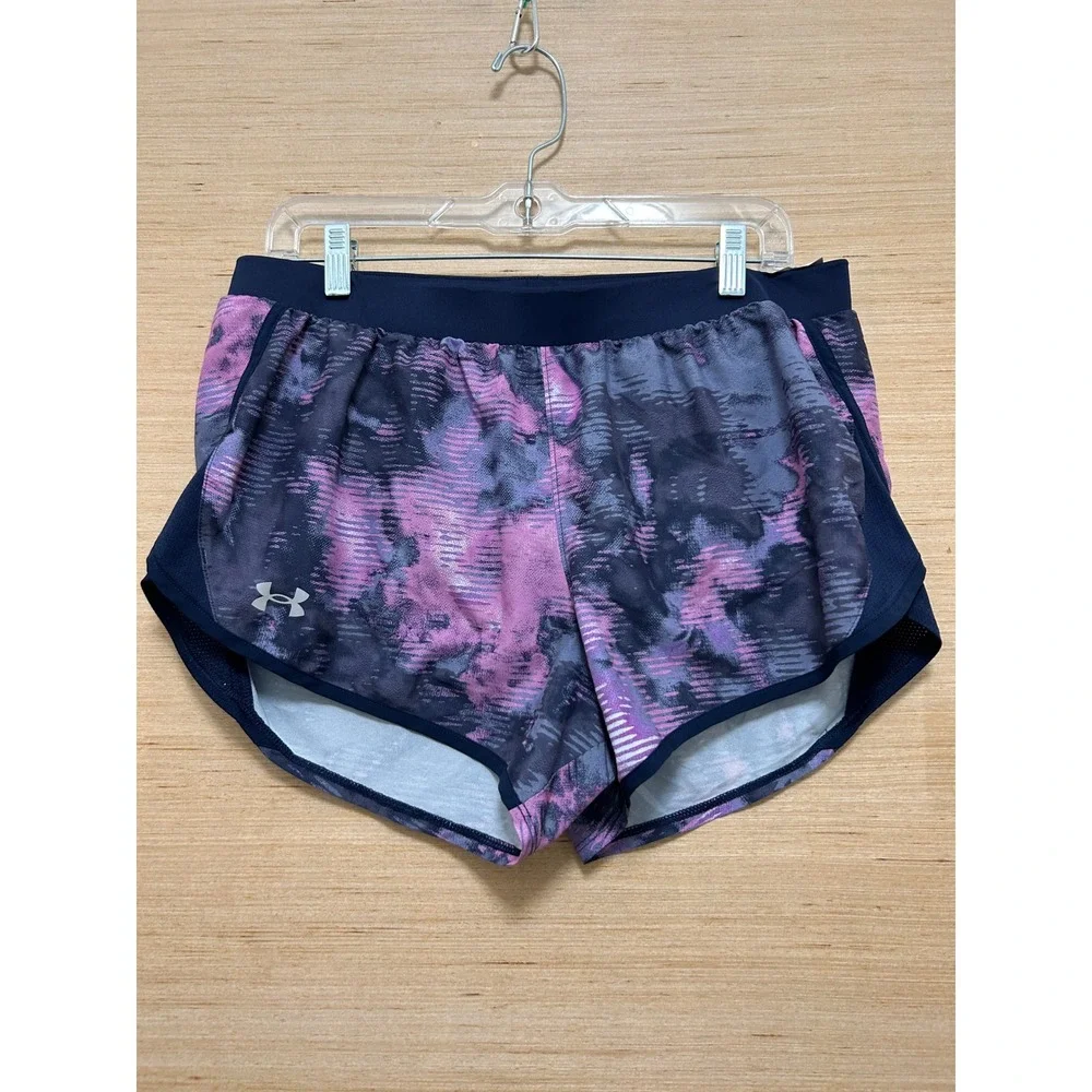 Under‎ Armour Womens Fly By Running Shorts Purple Navy Blue Abstract Print Small